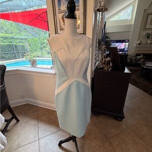 ANTONIO MELANI Light Blue and White Colorblock Midi Sheath Dress